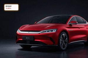BYD Earnings under pressure symbolized by a BYD electric car in dramatic studio lighting