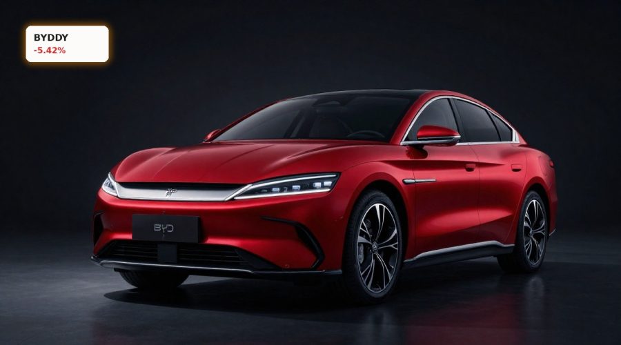 BYD Earnings under pressure symbolized by a BYD electric car in dramatic studio lighting