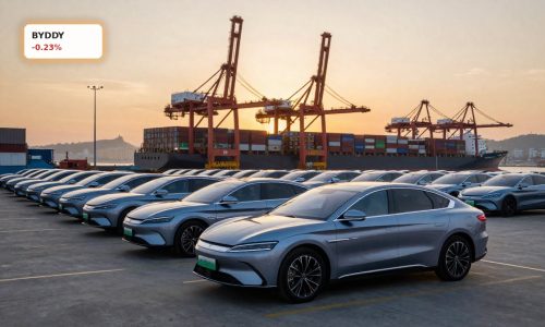 BYD Expansion with electric vehicles lined up at a global export port as the automaker ramps up overseas growth.