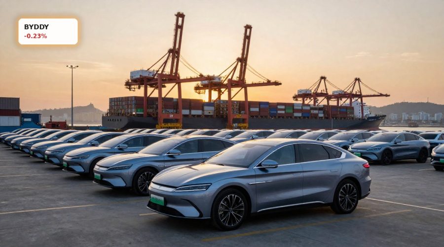 BYD Expansion with electric vehicles lined up at a global export port as the automaker ramps up overseas growth.