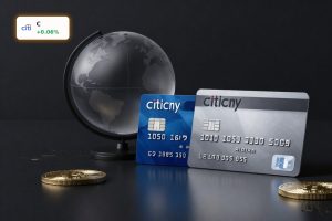 Citigroup Strategic Shift symbolized by premium bank cards, globe and subtle crypto elements on dark background