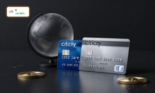 Citigroup Strategic Shift symbolized by premium bank cards, globe and subtle crypto elements on dark background