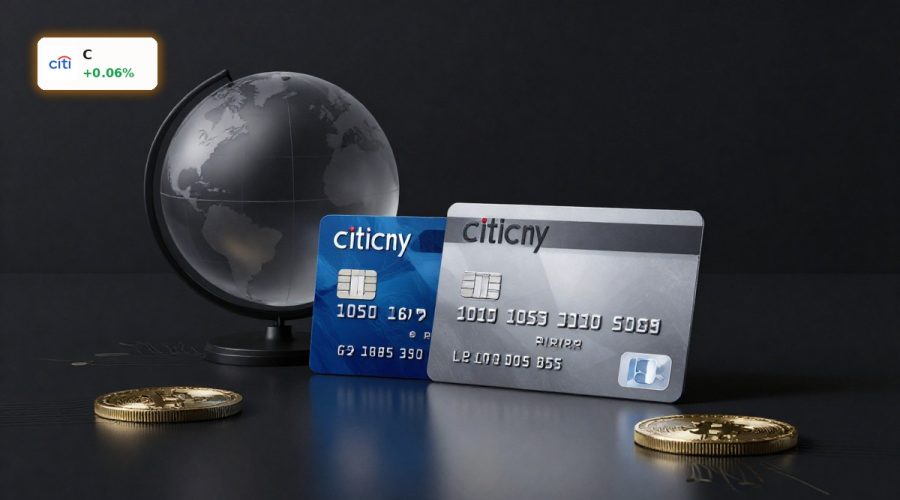 Citigroup Strategic Shift symbolized by premium bank cards, globe and subtle crypto elements on dark background