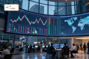 Citigroup Wealth Platform concept with global UMA and AI-driven portfolio charts on a trading floor.