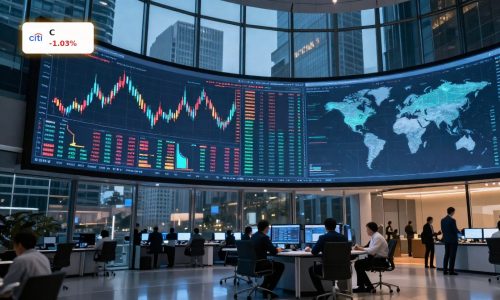 Citigroup Wealth Platform concept with global UMA and AI-driven portfolio charts on a trading floor.