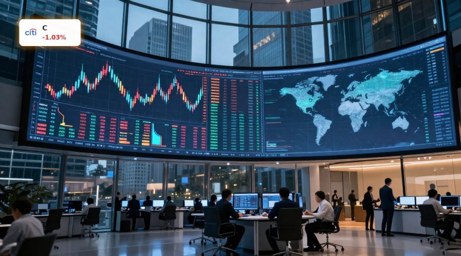 Citigroup Wealth Platform concept with global UMA and AI-driven portfolio charts on a trading floor.