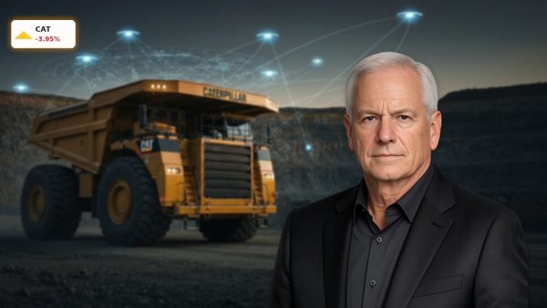 Autonomous yellow mining vehicle demonstrating Caterpillar AI technology in an open-pit mine.