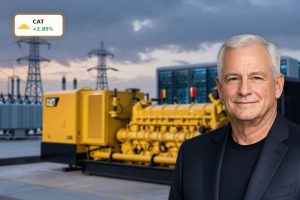 Caterpillar Energy Strategy visualized with gas generators and a data center powering AI infrastructure.
