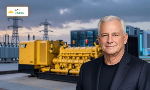 Caterpillar Energy Strategy visualized with gas generators and a data center powering AI infrastructure.
