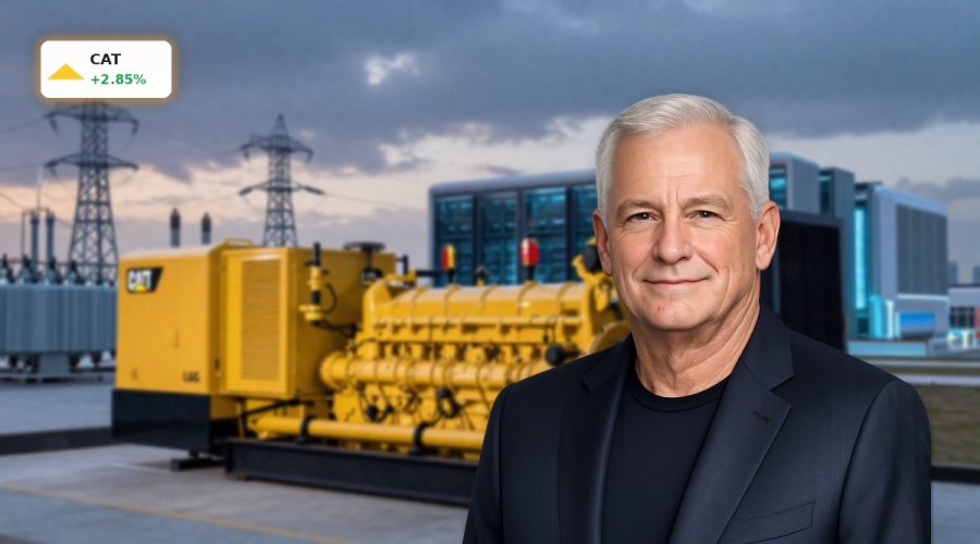 Caterpillar Energy Strategy visualized with gas generators and a data center powering AI infrastructure.