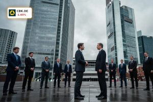 Tense Frankfurt financial district scene symbolizing Commerzbank Merger battle with UniCredit stake pressure.
