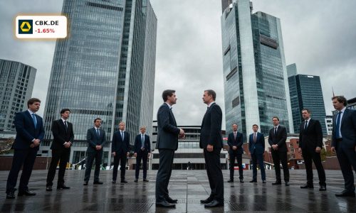 Tense Frankfurt financial district scene symbolizing Commerzbank Merger battle with UniCredit stake pressure.