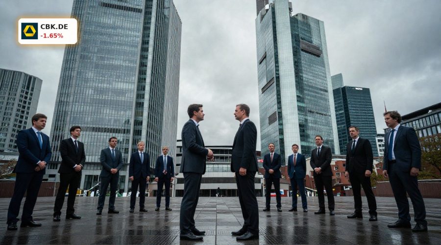 Tense Frankfurt financial district scene symbolizing Commerzbank Merger battle with UniCredit stake pressure.