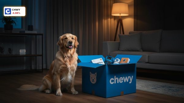 A dog next to a blue Chewy box, representing the strong sales growth highlighted in the Chewy Earnings report.