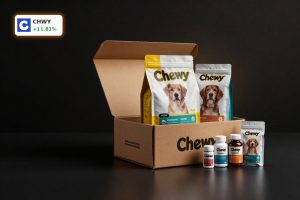 Chewy Earnings optimism shown by premium Chewy pet products and box in dramatic lighting
