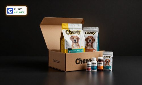 Chewy Earnings optimism shown by premium Chewy pet products and box in dramatic lighting