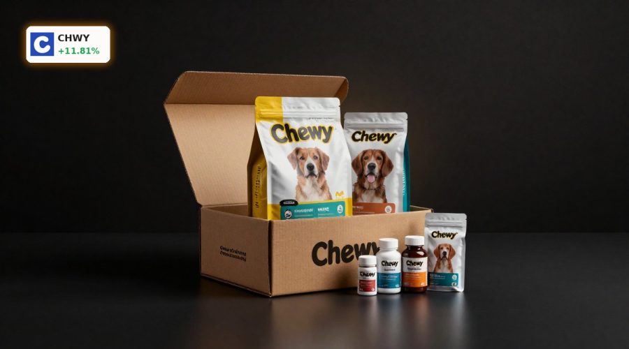 Chewy Earnings optimism shown by premium Chewy pet products and box in dramatic lighting