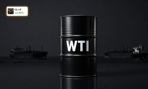 WTI Oil Crisis symbolized by premium WTI crude barrel near Hormuz shipping chokepoint