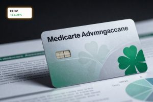 Clover Health Star Rating concept with premium Medicare Advantage card and healthcare documents on dark background