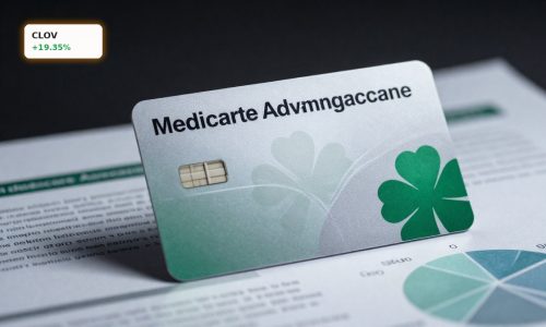 Clover Health Star Rating concept with premium Medicare Advantage card and healthcare documents on dark background