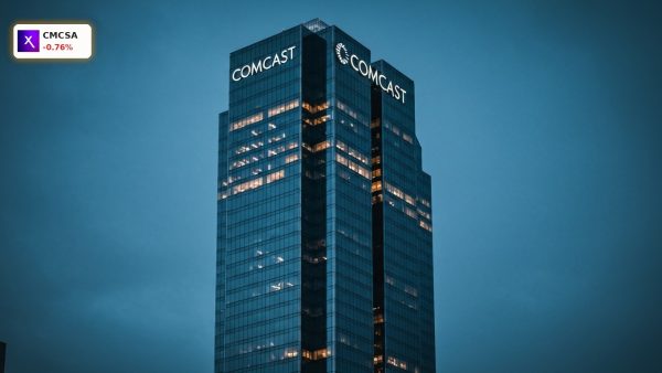 Comcast Earnings and corporate spinoff strategy depicted by the glowing Comcast headquarters skyscraper at night.