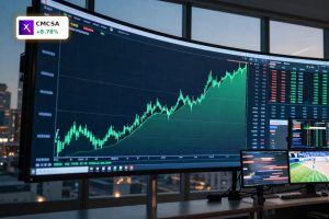 Trading floor monitors show a sharp upward stock move after Comcast Earnings beat expectations