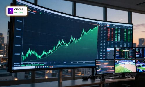 Trading floor monitors show a sharp upward stock move after Comcast Earnings beat expectations