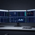 CME Group CEO Transition concept with futures trading terminal and exchange technology on dark background