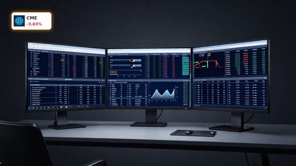 CME Group CEO Transition concept with futures trading terminal and exchange technology on dark background