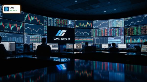 Modern financial trading room with data screens celebrating the record-breaking CME Group Earnings.