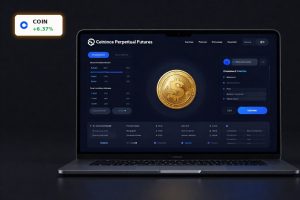 Coinbase Perpetual Futures concept with sleek trading device and USDC elements on a dark premium background