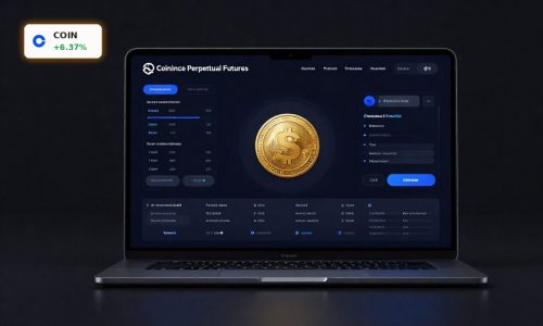 Coinbase Perpetual Futures concept with sleek trading device and USDC elements on a dark premium background