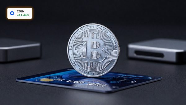 Coinbase Stablecoin Strategy concept with premium stablecoin token and fintech payment elements on dark background