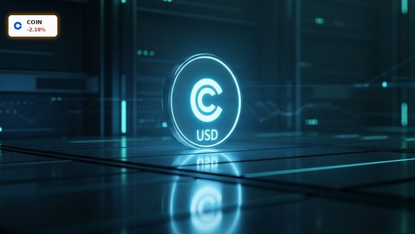A glowing digital coin representing the Coinbase Stablecoin embedded in a secure server rack.