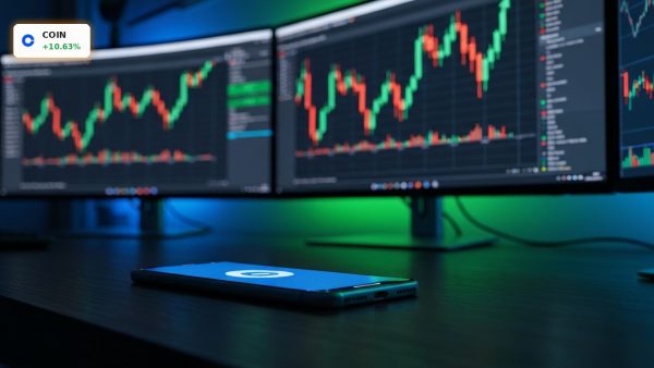 Coinbase Analysis of stock surging over ten percent showing crypto market charts on a dark trading desk.