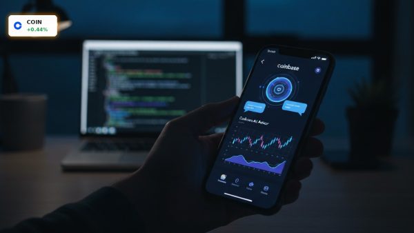 Coinbase AI advisor app interface on a smartphone screen held in a dark, modern trading office.