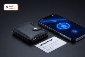 Coinbase Security concept with hardware wallet, phone and seed backup card highlighting crypto protection