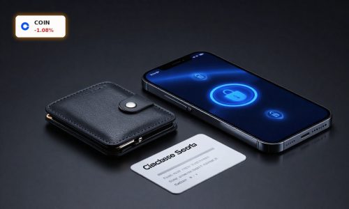 Coinbase Security concept with hardware wallet, phone and seed backup card highlighting crypto protection