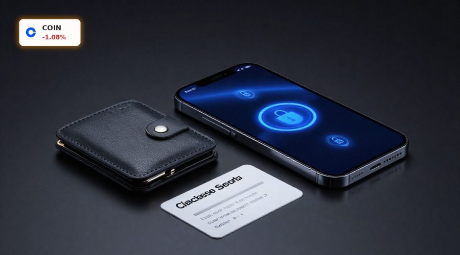 Coinbase Security concept with hardware wallet, phone and seed backup card highlighting crypto protection