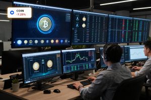 Analysts track Coinbase Stablecoin Regulation impact on crypto yields in a modern fintech trading office