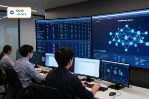 Coinbase AI Strategy visualized with AI agents, Base layer-2 and stablecoin payment infrastructure in a fintech control room