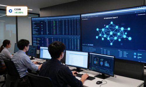 Coinbase AI Strategy visualized with AI agents, Base layer-2 and stablecoin payment infrastructure in a fintech control room