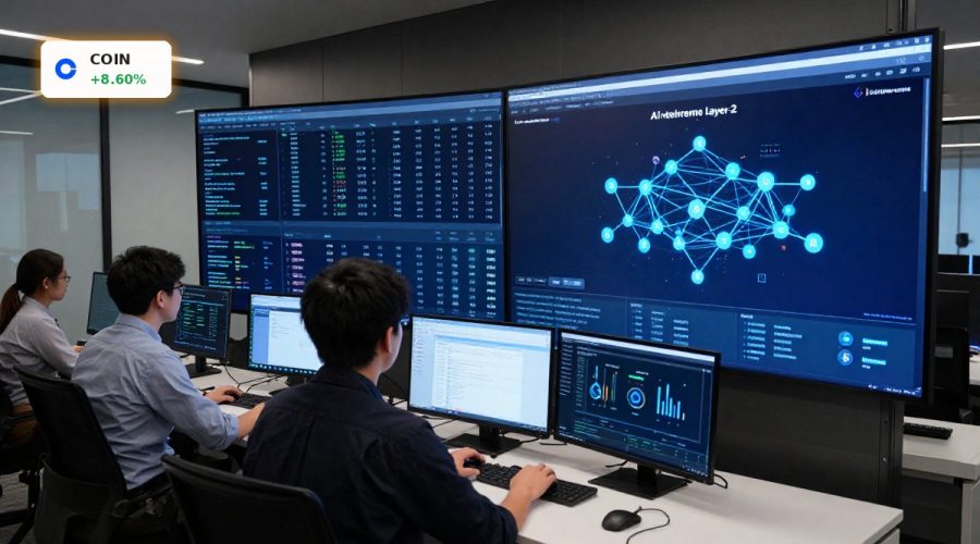 Coinbase AI Strategy visualized with AI agents, Base layer-2 and stablecoin payment infrastructure in a fintech control room