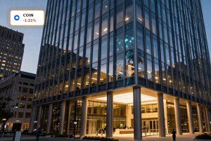 Coinbase Bank Charter concept shown as a modern regulated crypto headquarters in a U.S. financial district.