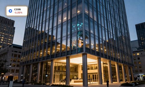 Coinbase Bank Charter concept shown as a modern regulated crypto headquarters in a U.S. financial district.