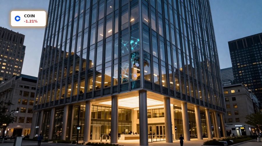 Coinbase Bank Charter concept shown as a modern regulated crypto headquarters in a U.S. financial district.