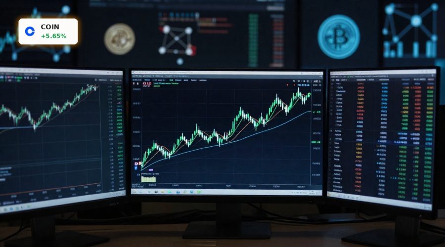Coinbase Crypto Strategy highlighted by volatile candlestick chart rally in a modern trading setup.