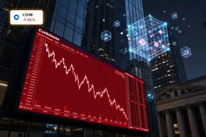 Coinbase Quantum Risk concept with falling crypto prices, quantum computing threat and New York legal pressure.