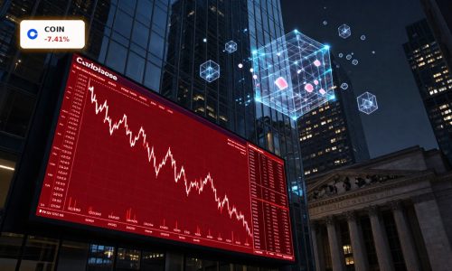 Coinbase Quantum Risk concept with falling crypto prices, quantum computing threat and New York legal pressure.