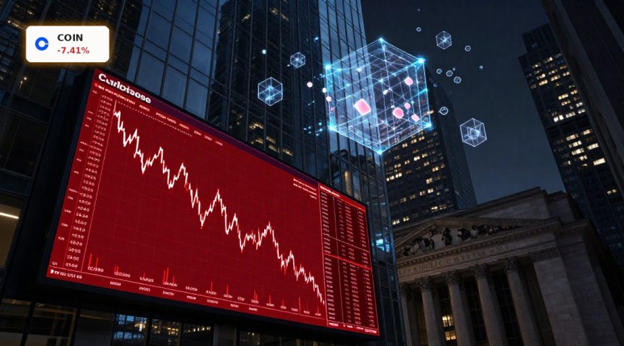 Coinbase Quantum Risk concept with falling crypto prices, quantum computing threat and New York legal pressure.